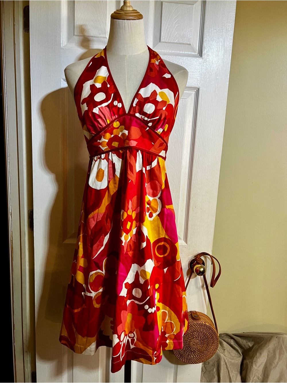 A.N.A Wms Red Pink Cotton Floral Pleated Halter Babydoll Summer Day Dress 6